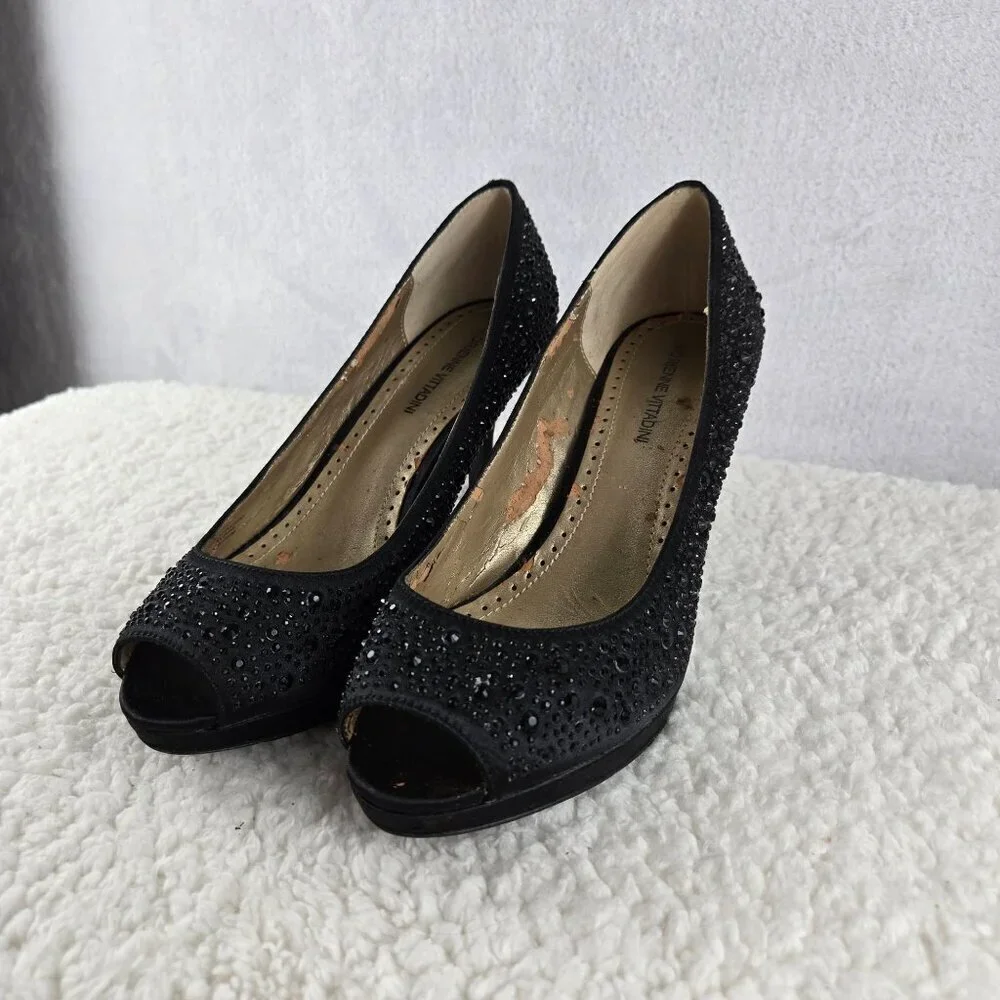Embellished Black Evening Pump Sz 7.5 Adrienne Vittadini Open Toe 3